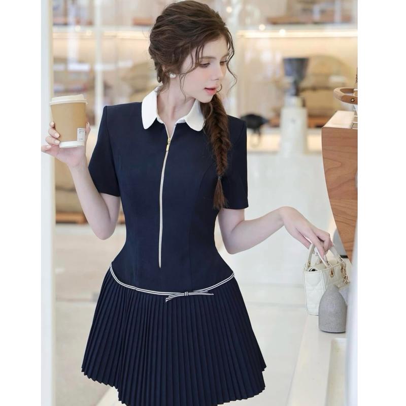 [Chất liệu chéo ý] Váy đầm cổ sen kéo khoá chất liệu chéo ý cao cấp sước bản mới sang chảnh tiểu thư ép mùng toàn váy có quần bo chun, váy có màu xanh navy và đen sang chảnh có đệm cầu vai may hai lớp và quần bo chun đủ 7