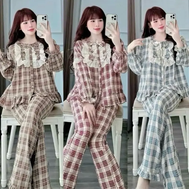 145cm-156cm)bộ pijama nữ áo dài quần dài CỔ TRÒN PHỐI REN  tiểu thư chất đũi mềm nhiều màu