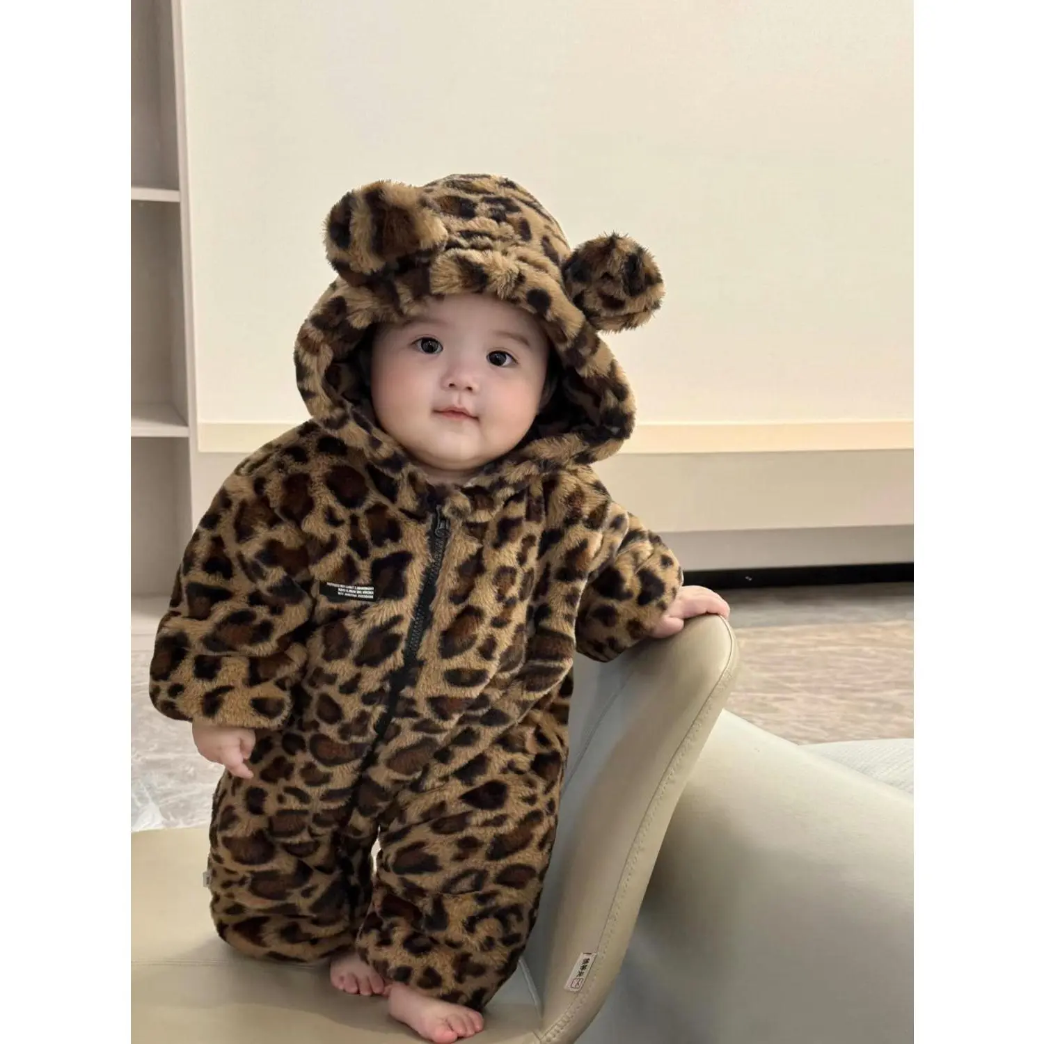 Quần Áo Mùa Đông Cho Em Bé Họa Tiết Da Báo, Áo Jumpsuit Quần Lót Lông Cừu, Siêu Dễ Thương, Unisex, Quần Áo Đệm Bông Dày, Áo Liền Quần Mặc Ngoài