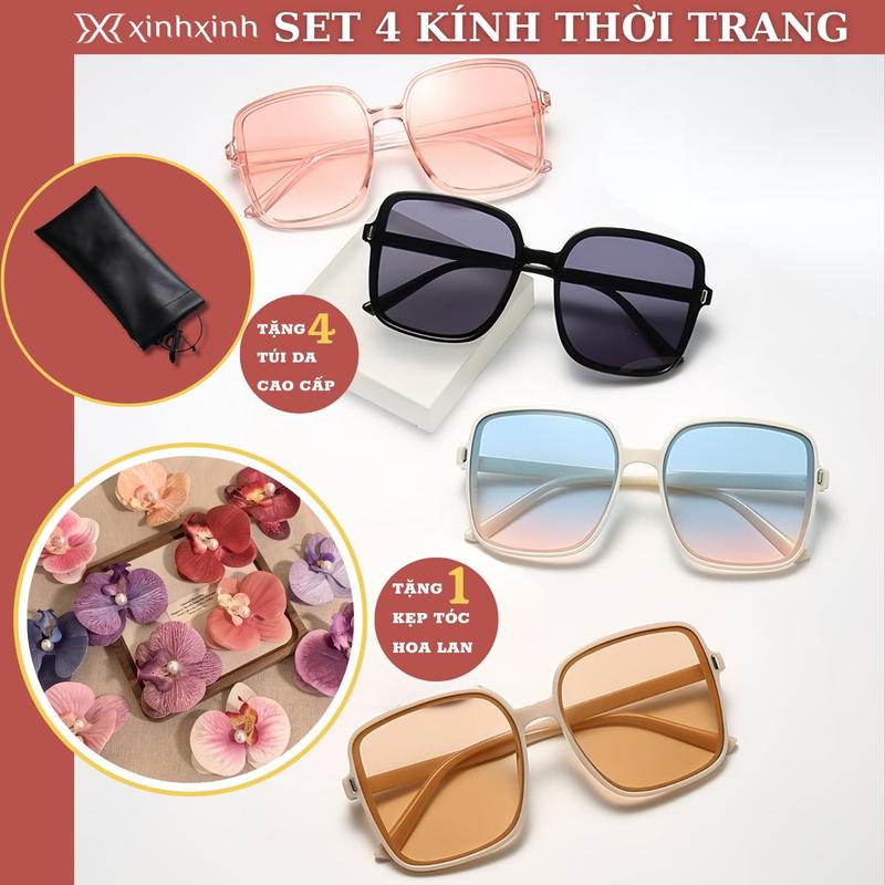 Set 4 Kính Mát Tặng Kẹp Tóc Hoa Lan Kèm Túi Da Cao Cấp - Thời Trang Phong Cách Hành Quốc Chống UV400 Bảo Vệ Mắt - Women Mắt Kính
