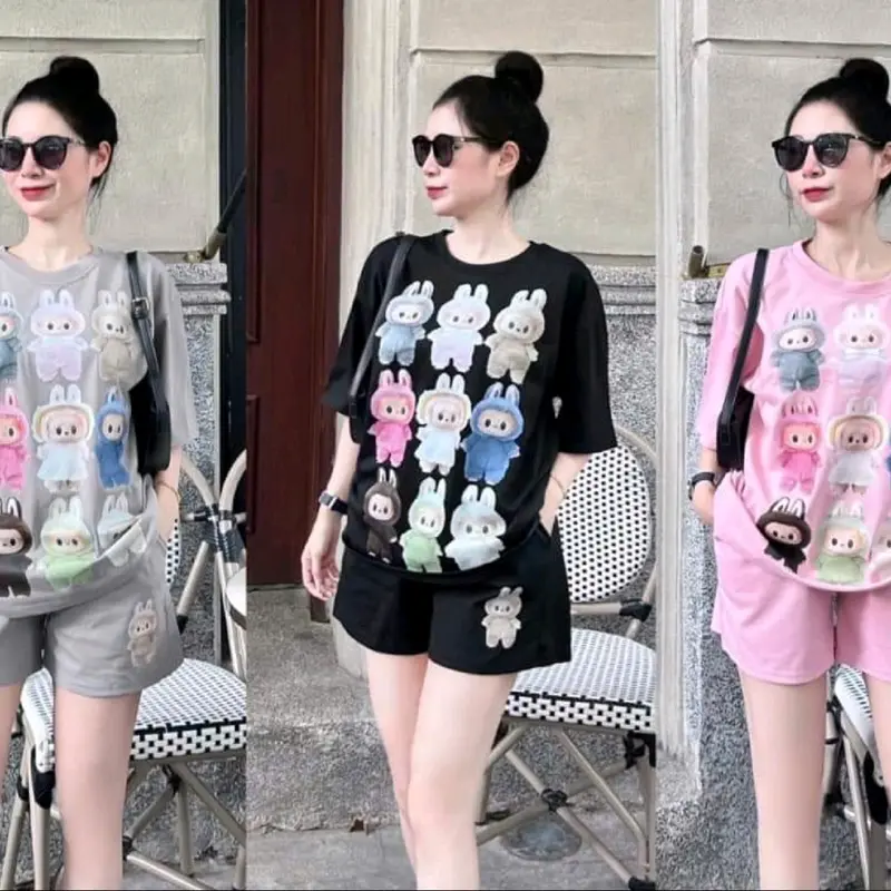 Đồ bộ Labubu thun cotton su 3158 quần đùi short hình in 5D y ảnh free size dưới 65kg nhiều mẫu 3