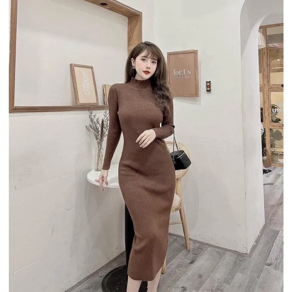 Đầm body len tăm, Váy len ôm cổ ba phân dáng dài freesize thời trang công sở nhiều màu