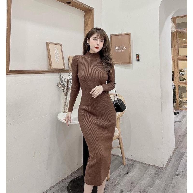  Đầm body len tăm Váy len ôm cổ ba phân dáng dài freesize thời trang công sở nhiều màu 