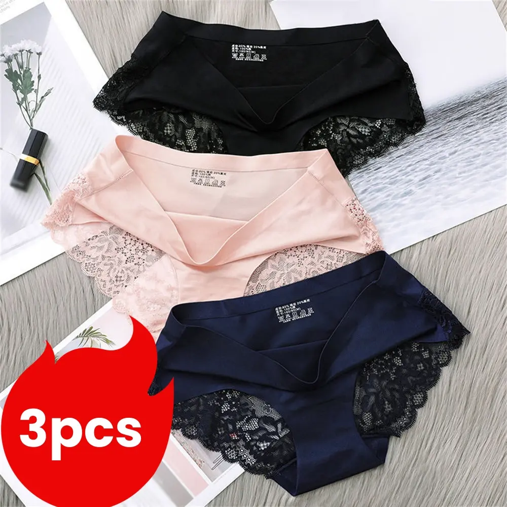 3pcs Lace Women Panties Mid-waist Ultra-thin Ice Silk Underwear Seamless Comfortable Ladies Briefs