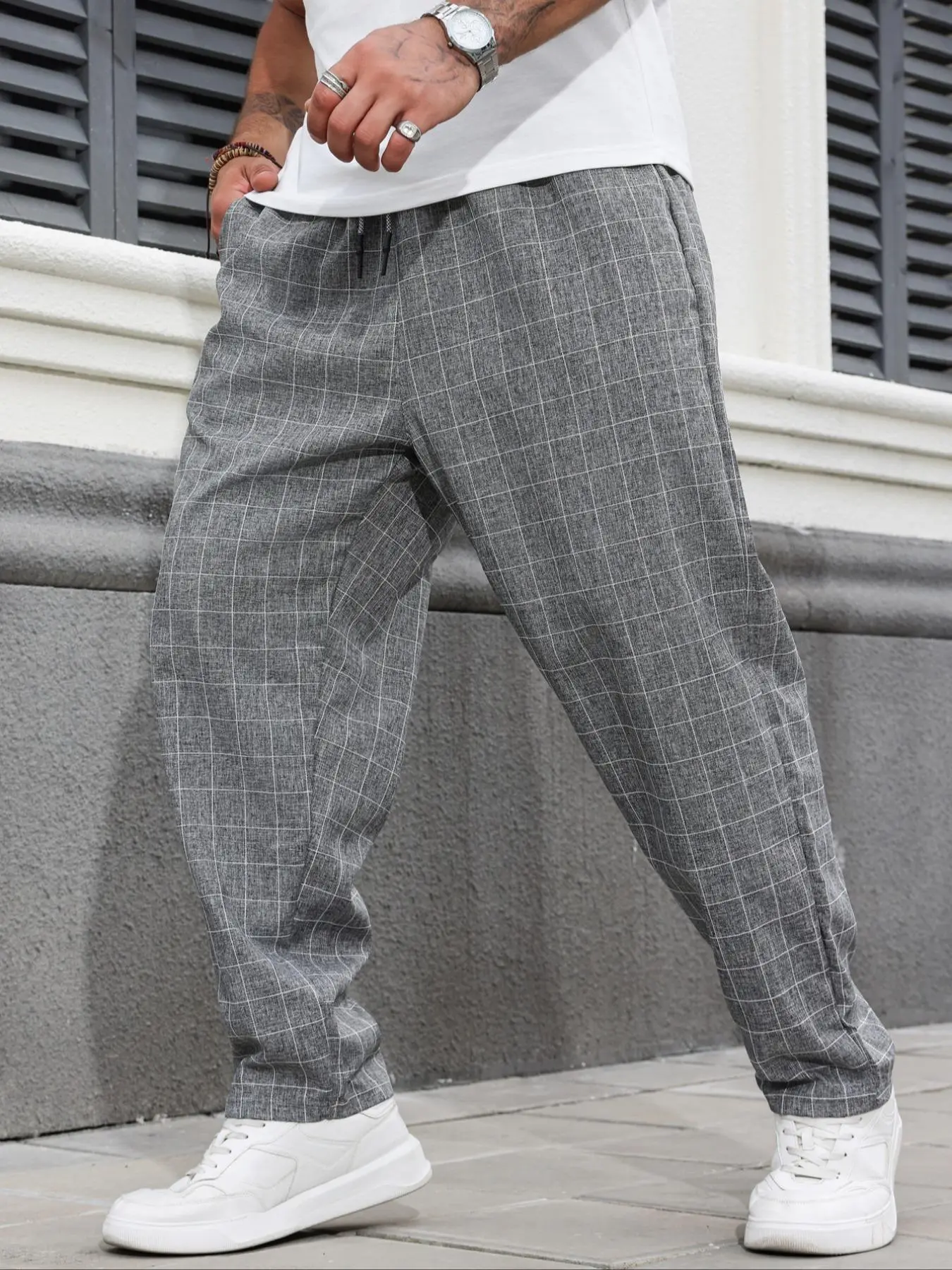 Men's Plus Size Plaid Print Drawstring Waist Pants, Casual Elastic Waist Pocket Trousers for Daily Wear, Soft Comfy Plus Woven Bottoms for All Seasons