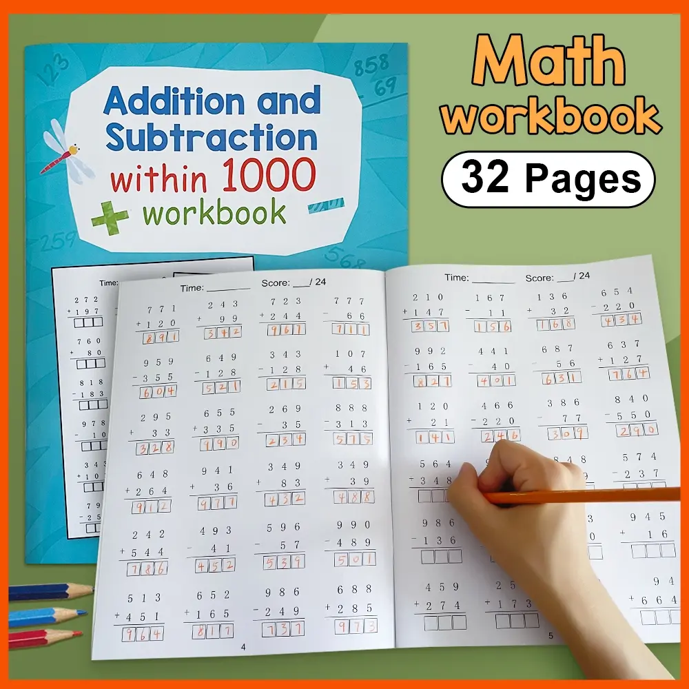 Buku Kerja Aritmetik Matematik, 32 Halaman, Penambahan dan Penolakan dalam 1000 Aktiviti Buku Kerja Latihan Matematik Tadika, Lembaran Kerja Aktiviti, Tulisan Tangan Kanak-kanak, Belajar Matematik, Buku Kerja