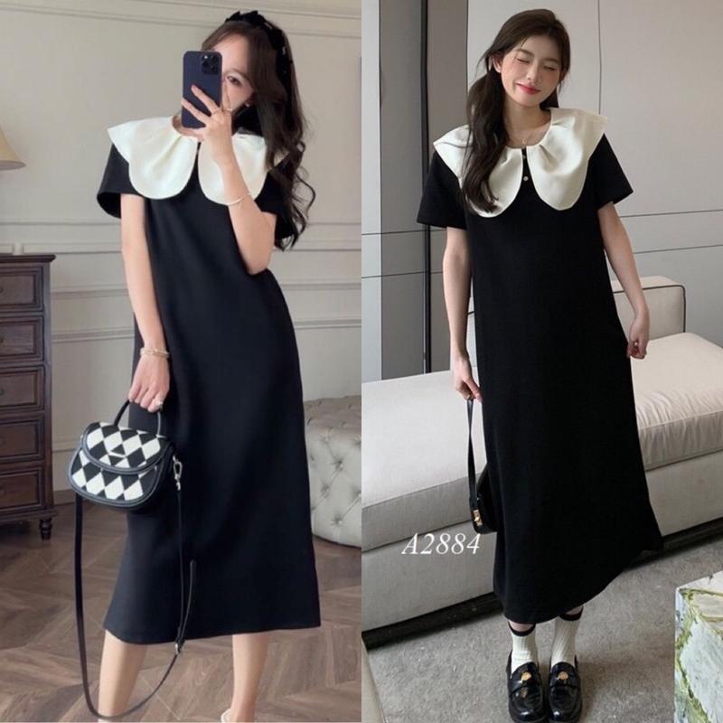 Váy bầu suông đen phối cổ bèo trắng basic cho mẹ bầu đi làm đi chơi  Nữ Women Dress