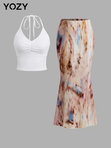 YOZY Ruched Halter Crop Top & Tie Dye Print Maxi Skirt Dress Set, Spaghetti Strap Backless Top & Elastic Waist Lettuce Trim Mermaid Skirt, 2024 Women's Holiday & Vacation Wear for Summer, Tummy Flattering