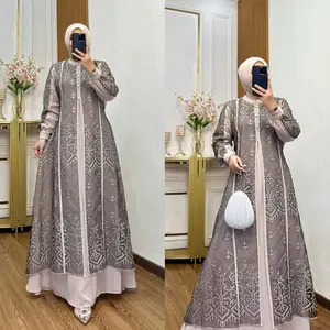 Gamis Dress Wanita Warna Burgundy Mewah Dan Elegan Kekinian Model terbaru Ceruty Mix Burkat Salwa