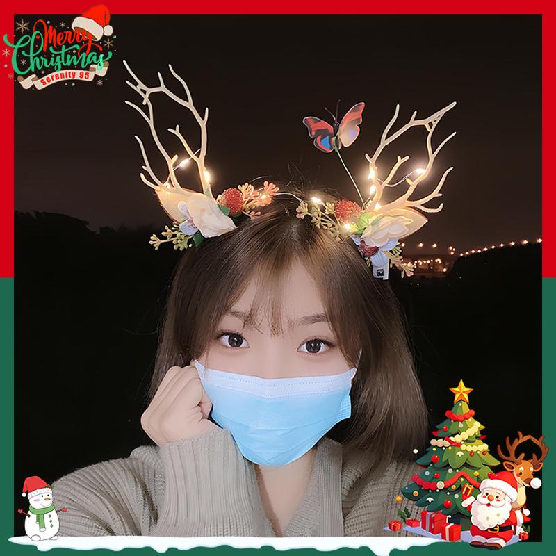 Băng Đô Cài Tóc Nai Sừng Tấm Giáng Sinh, Kẹp Tóc Hoa Bướm Có Đèn Led Phát Sáng Hot Trend