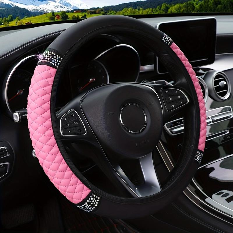 Artificial Rhinestone Car Steering Wheel Cover, Decorative Car Steering Wheel Protector, Car Interior Accessories For Decoration, Pink 4