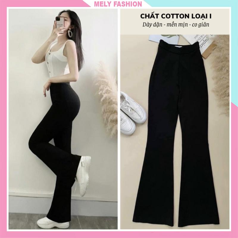 Quần ống loe nữ lưng cao dáng dài chất cotton có giãn phong cách công sở sang chảnh Hàn Quốc màu đen Mely Fashion QD19