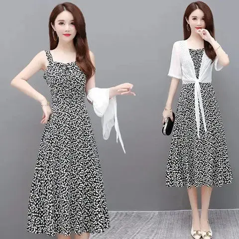 Single/Set Chiffon Blouse Floral Dress for Women Spring Summer Belly Covering Slimming Age-Reducing Strap Dress Two-Piece Set for Women