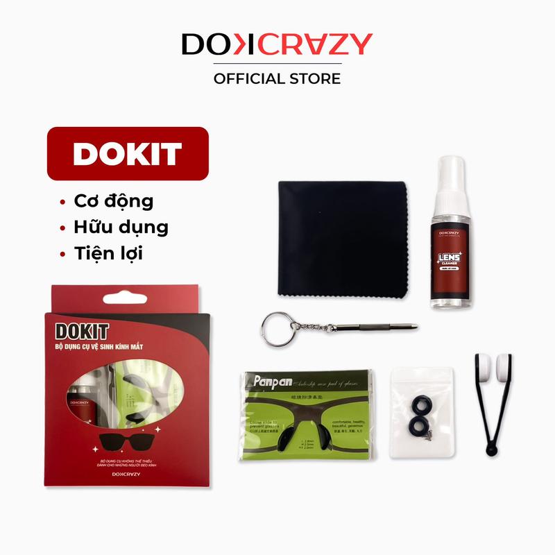 Bộ sản phẩm hỗ trợ cho người đeo kính DOKIT DOKCRAZY bao gồm miếng đệm mũi, thanh chống đau tai, miếng gài đuôi kính, nước xịt kính, kẹp lau mắt kính và khăn lau kính Nano Silicon Đèn