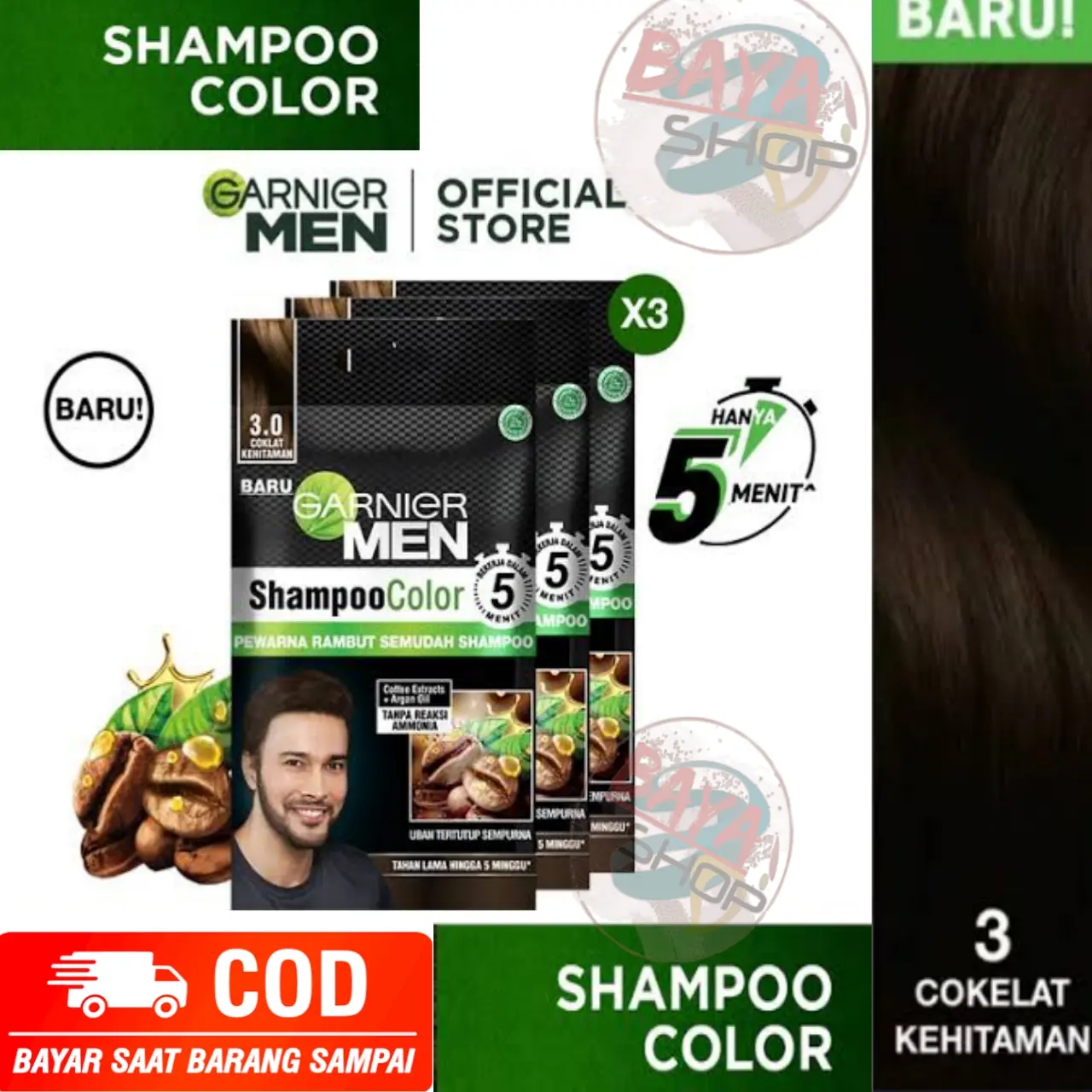 [PAKET ISI 3 PCS]  Garnier Men Uban Shampo Color [30ml]-Perawatan Rambut Pria-Pewarna Rambut Pria Coklat Hitam