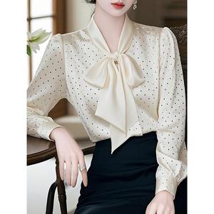 เสื้อเชิ้ต ผ้าซาติน ลายจุด โบว์ แขนยาว สไตล์เกาหลี ชิค หรูหรา ราคาไม่แพง สำหรับผู้หญิง แฟชั่นฤดูใบไม้ผลิ เสื้อเบลาส์ สวย