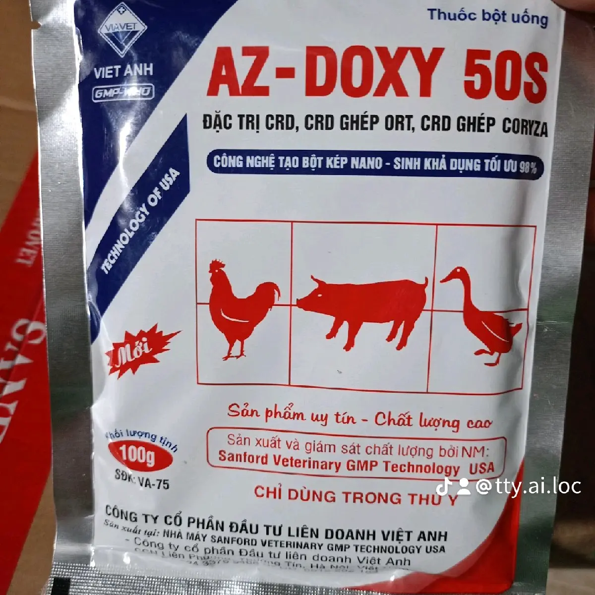 AZ-Doxy 50S-100gam:Hàm lượng cao,đ/trị hen -CRD,khẹc,khò khè,ORT, Cozyra ở gà, vịt