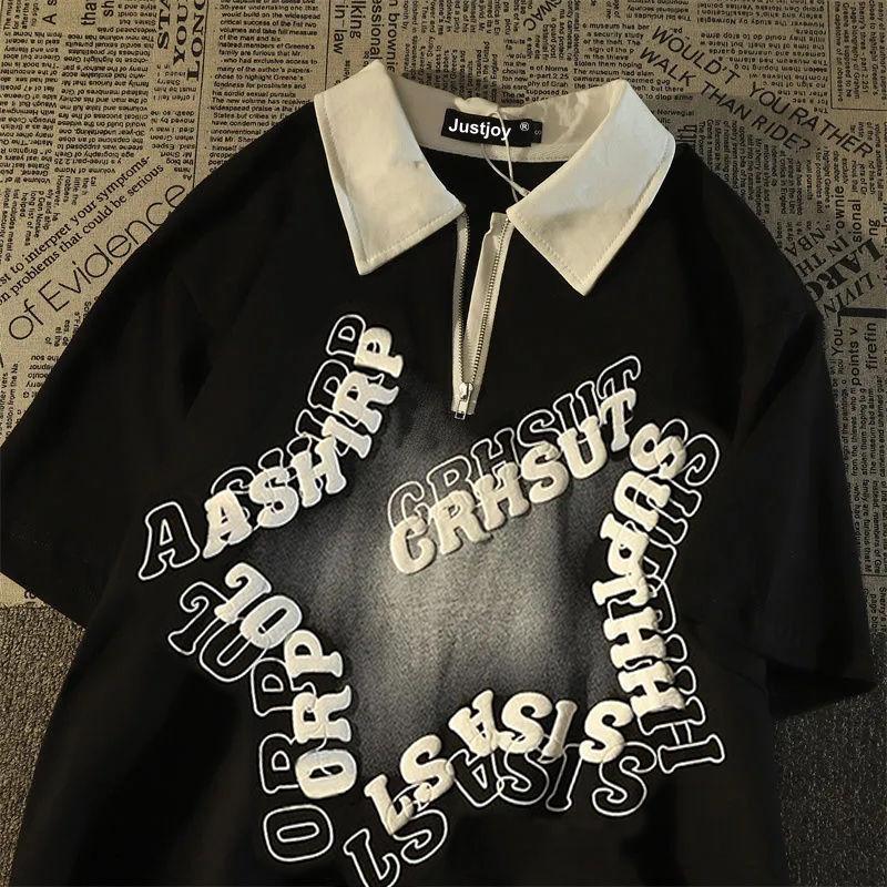 Product Introduction of [ 27k Favorites] American Retro Star Polo Collar Short Sleeve T-Shirt Unisex Loose Fit Hong Kong Style Vintage Half-Zip Couple Top 8