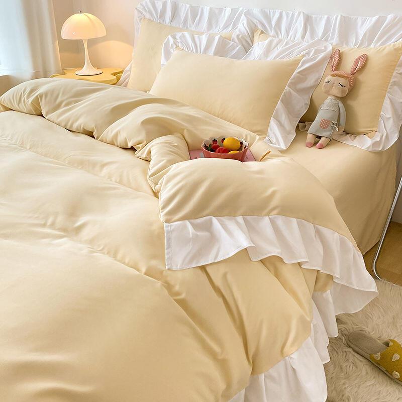 Product Introduction of Ins Princess Wind Fairy Girl Heart Solid Color Cream Matte Bed Three or Four Piece Set Internet Red Lotus Leaf Lace Korean Edition 19