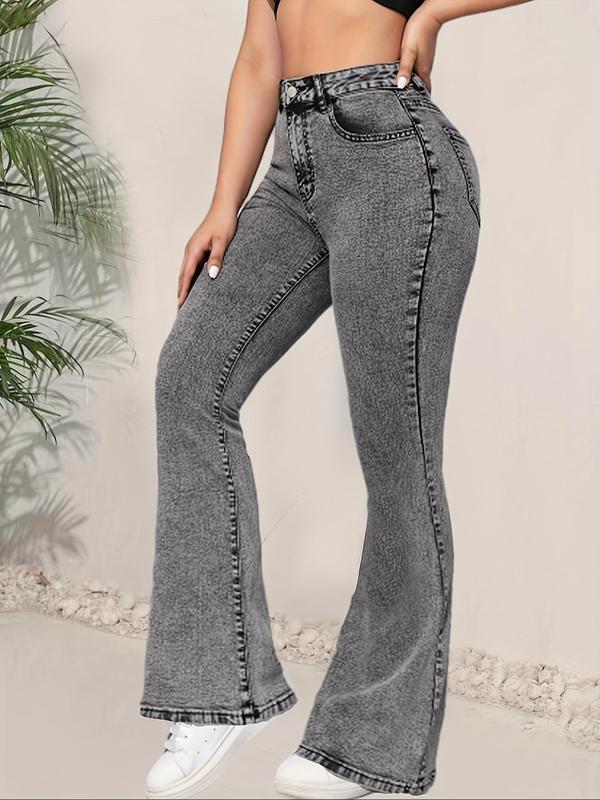 【Plus Size】 Solid Color Button Fly Flare Leg Jeans, Casual Pocket Design Bell Bottom Trousers for Daily Wear, Women's Bottoms for All Seasons 3
