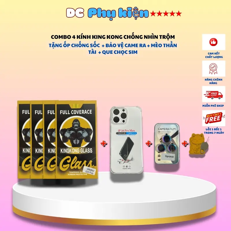 (COMBO 8 MÓN) 4 Kính cường lực KingKong Glass CHỐNG NHÌN TRỘM  có khung tự dán, TẶNG 1 ốp chống sốc 35k+1 bộ bảo vệ camera 50k + 1 mèo thần tài+ 1 que chọc sim - DC Phụ Kiện 0