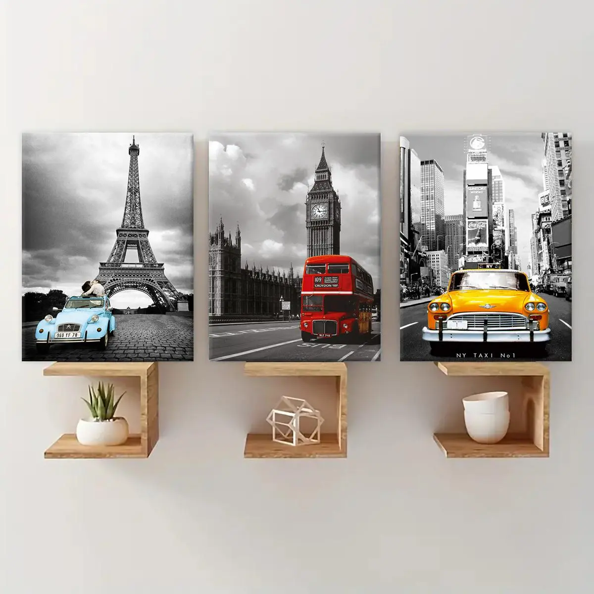 Wooden Framed Canvas Painting, 3 Counts/set City Landscape Pattern Wall Art, Modern Art Wall Decoration, Home Decoration Poster