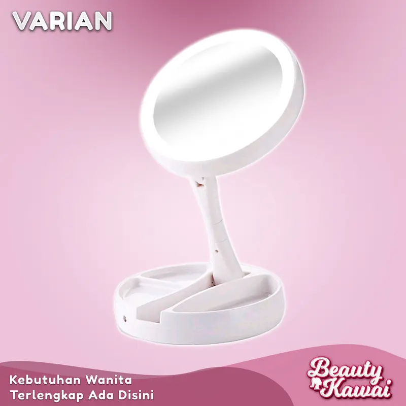 Cermin Bulat Lipat Kaca Rias LED 2 Sisi Ganda Putar USB Cas 5