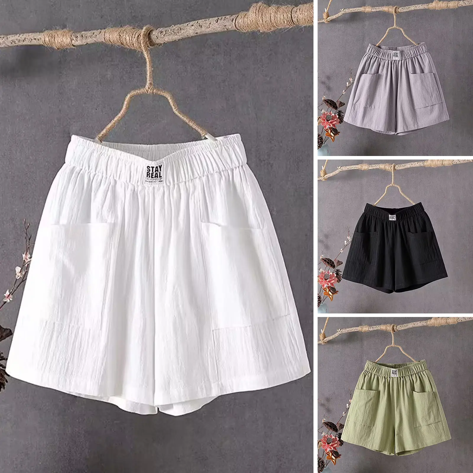 High Waist Elastic Waistband Pockets Women Shorts Summer Pleated Wide Leg Casual Shorts Streetwear