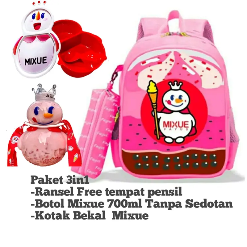 Paket Tas Ransel Anak Motif mixue + Botolo Mixue +lunch box/Kotak Bekal MIxue bisa COD Sd Fashion 1