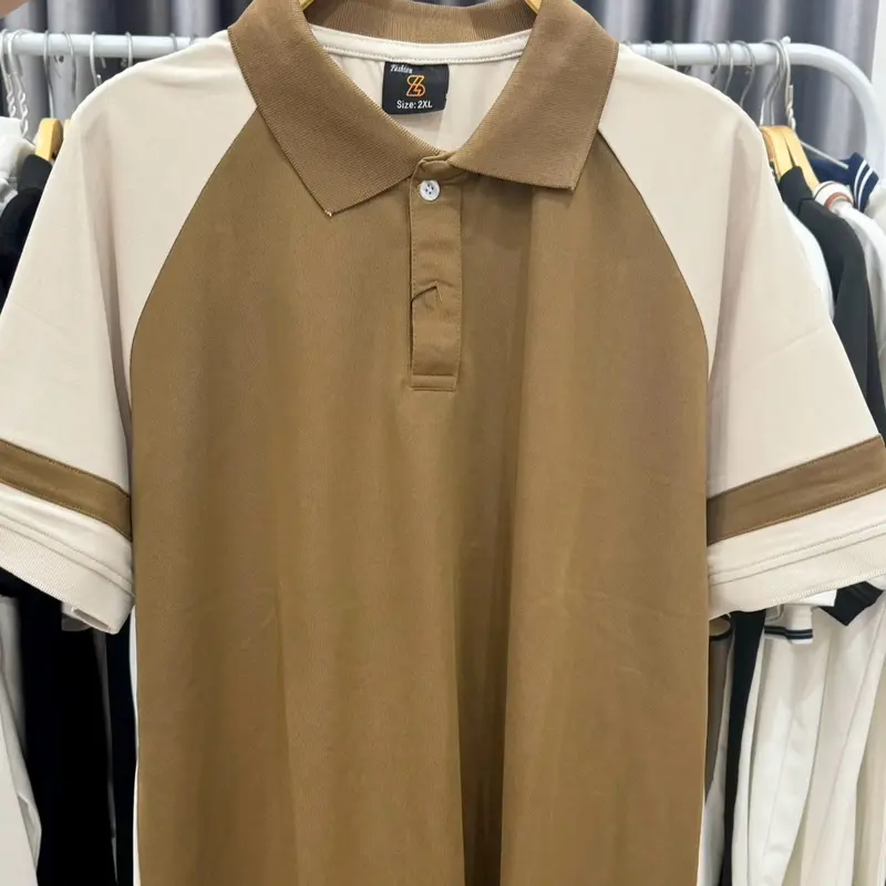 HAIPO082/92- Áo Polo nam raglan nâu rêu/ nâu cà phê/ trắng/ đen, tay sọc, vải poly cá sấu, co dãn 4 chiều 6