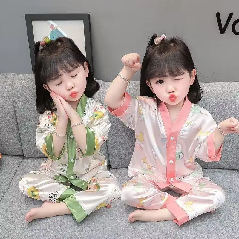 Đồ Ngủ Trẻ Em, Hàng Mới Về, Bộ Đồ Mùa Hè Cho Bé Gái, Được Làm Bằng Lụa Lạnh Mỏng, Có Điều Hòa, Quần Dài Áo Cardigan, Thiết Kế Dễ Thương, Thích Hợp Cho Bé Gái Và Trẻ Em, Quần Áo Mặc Nhà Legging