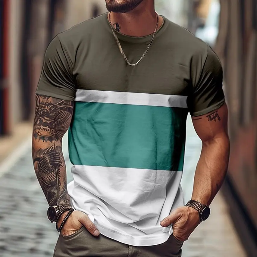 2025 new summer men's casual versatile fashion, simple and comfortable color blocked printed men's short sleeved T-shirt