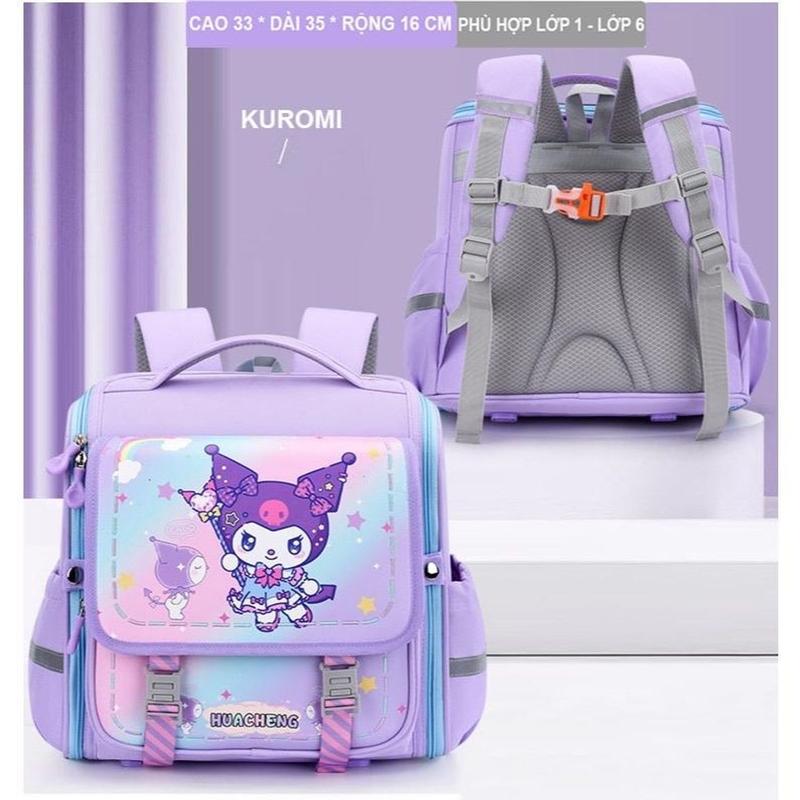 ￼Balo chống gù cho bé cấp 1, balo học sinh cho bé trai, bé gái in hình Kuromi cặp đi học form vuông Nhật Bản