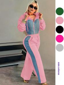 Conjunto de dos piezas para mujer con chaqueta corta con cremallera y hombros caídos y pantalones con cintura con cordón, Conjunto de dos piezas informal, cómodo y transpirable para el día a día, Ropa de mujer para otoño e invierno
