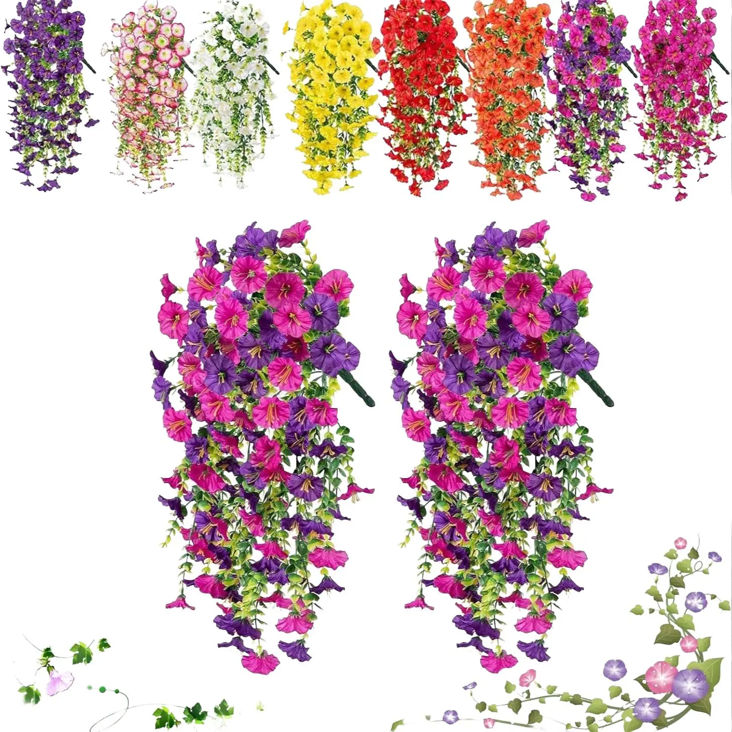 Artificial Morning Glory Hanging Decoration, 2 Counts Outdoor Decorative Hanging Basket, Waterproof Simulation Plant for Garden, Wall, Fence