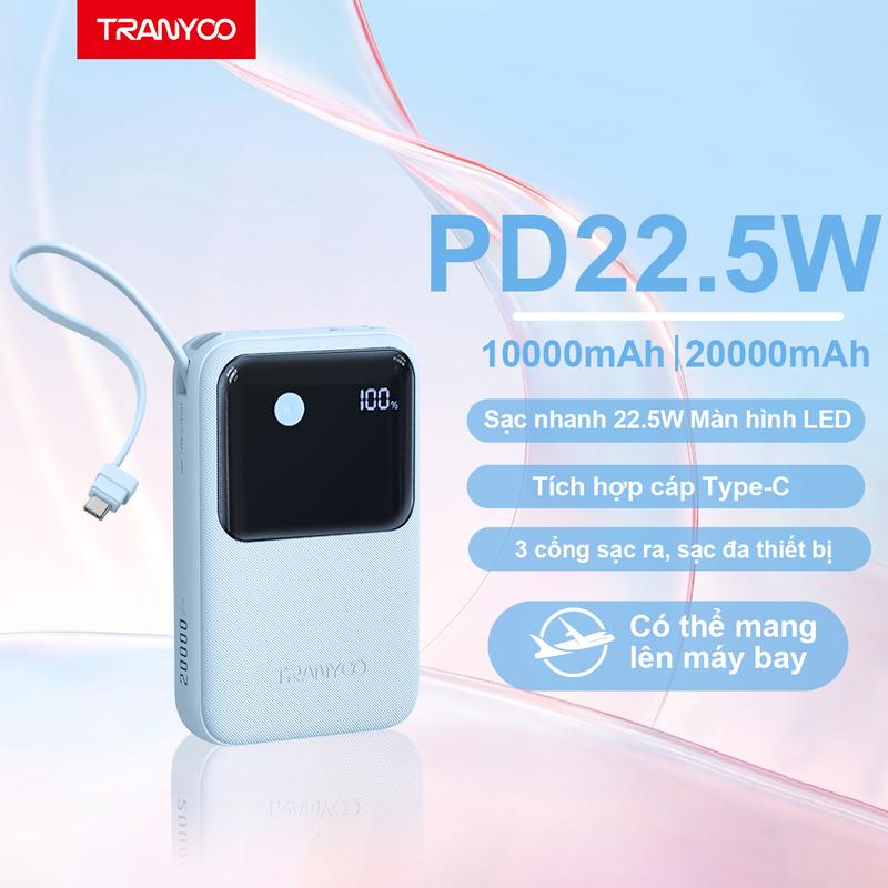 [MUA 2 GIẢM 25%] TRANYOO Sạc Dự Phòng 10000mAh Màn Hình LCD Kèm Cáp Dữ Liệu Type-C K11 PD22.5W sạc nhanh iphone Tích Hợp Dây Cầm Tay Sạc Nhanh Tiện Lợi Nhỏ Gọn Dành Cho IOS Android Sạc Pin Phụ Kiện sạc dự phòng Pin Dự Phòng