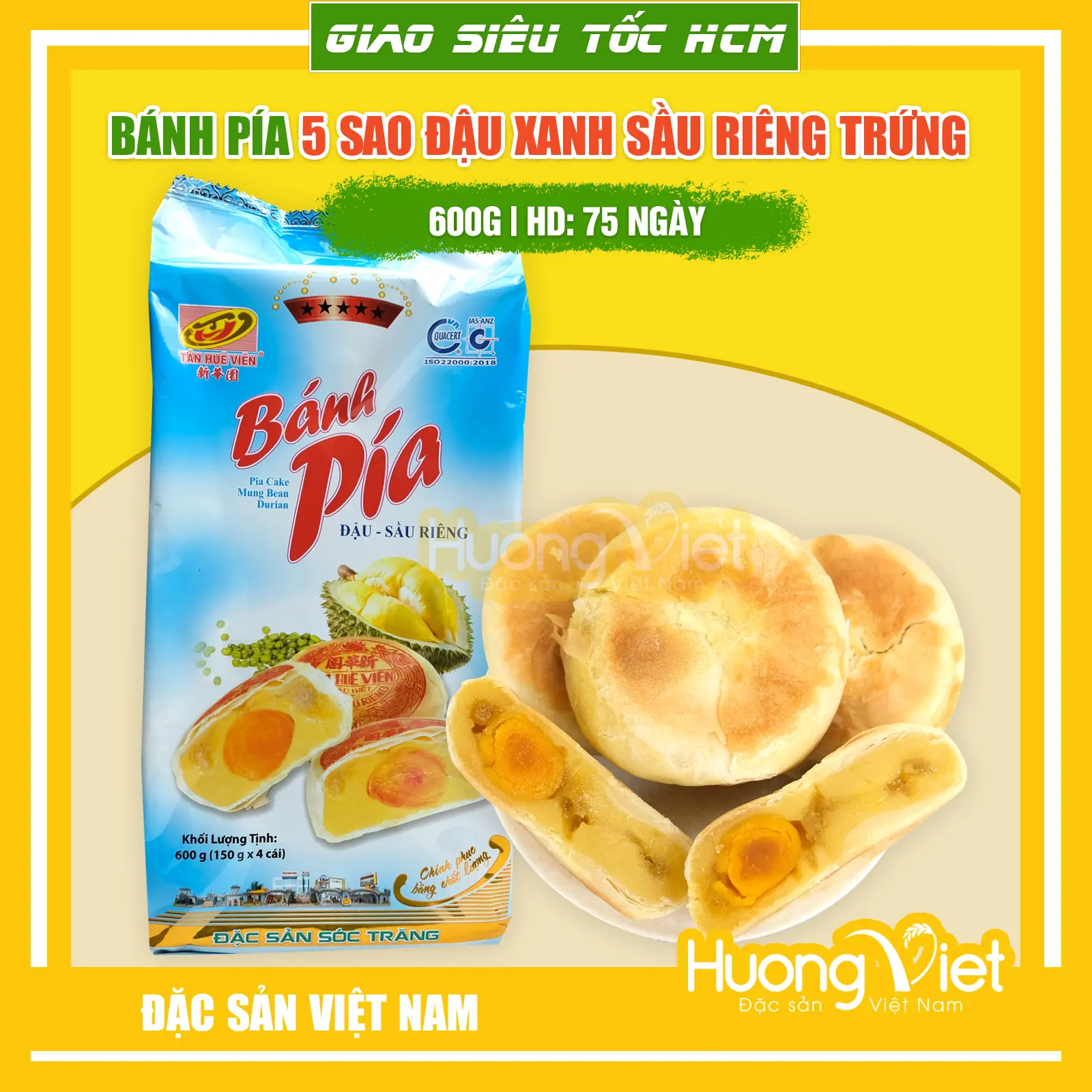 Bánh pía Tân Huê Viên đậu xanh sầu riêng 1 trứng muối túi 4 bánh, đặc sản Sóc Trăng, bánh pía cổ truyền đặc sản miền Tây, bánh Việt Nam làm quà biếu, bánh Trung Thu