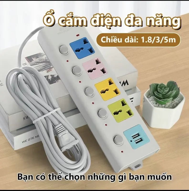 Ổ Cắm Điện Đa Năng Chịu Tải 2500W Dây Dài 4M Ổ Cắm Điện Thông Minh 2 Cổng Cắm USB Chốt Chống Giật An Toàn 0
