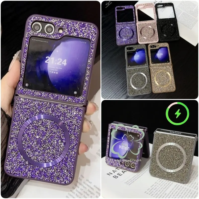 Magnetic Glitter Bling Diamond Flip Case Samsung Galaxy Z Flip 6 Z Flip 5 Z Flip 4 Z Flip 3 Casing Wireless Charging Connection Buckle Soft Bumper Shockproof Hard Back Cover