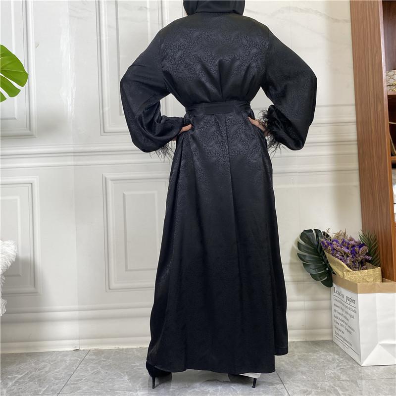 Product Introduction of Cross-Border Exclusive Muslim Clothing Printed Satin Long Sleeve Feather Cardigan 1950 29