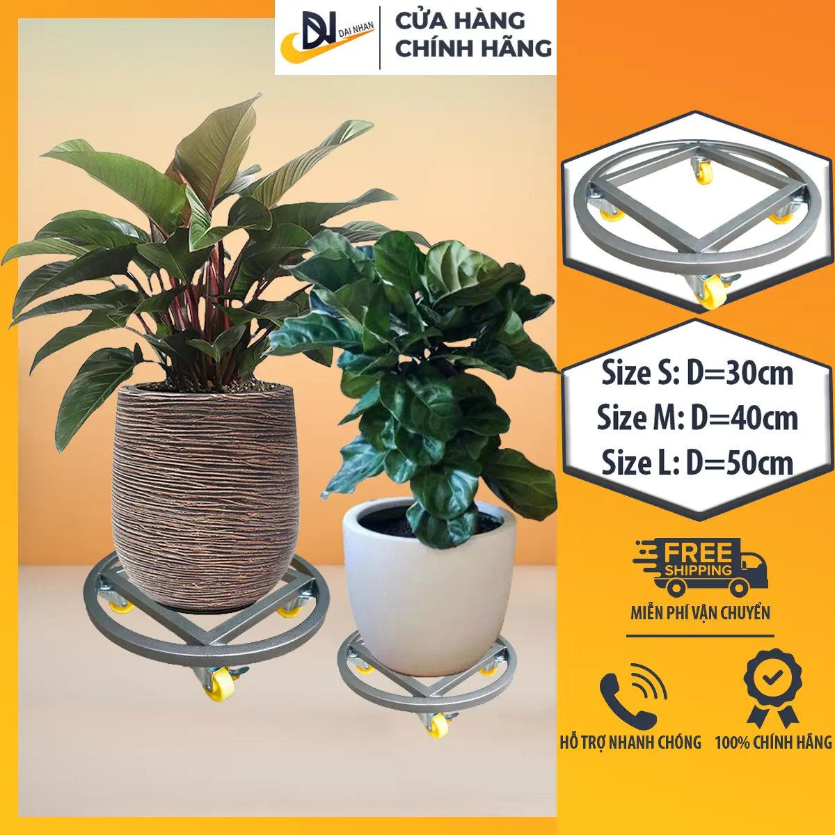 Đế lót chậu cây có bánh xe, đế kê chậu cây Đại Nhân, hình tròn, đường kính 30-50cm, bánh xe có khoá