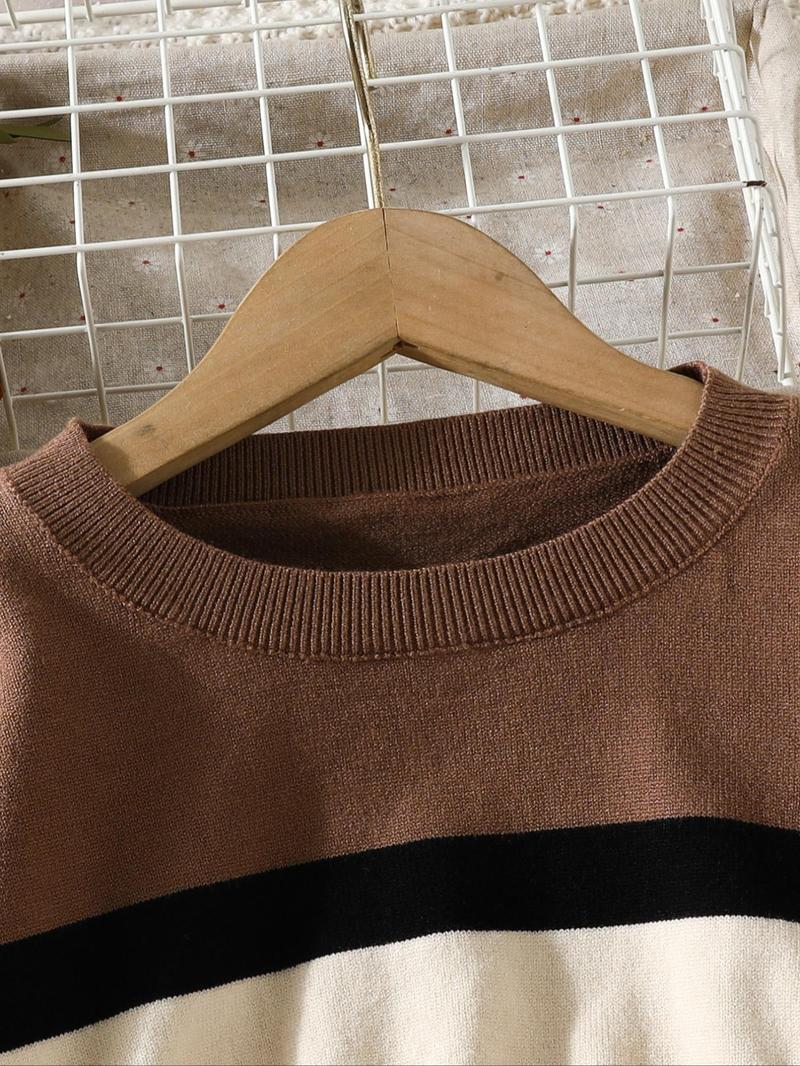 Product Introduction of Women's Striped Print Drop Shoulder Crop Sweater, Casual Extra-Long Sleeve Crew Neck Jumper for Spring & Fall, Women's Clothing for Daily Wear 17