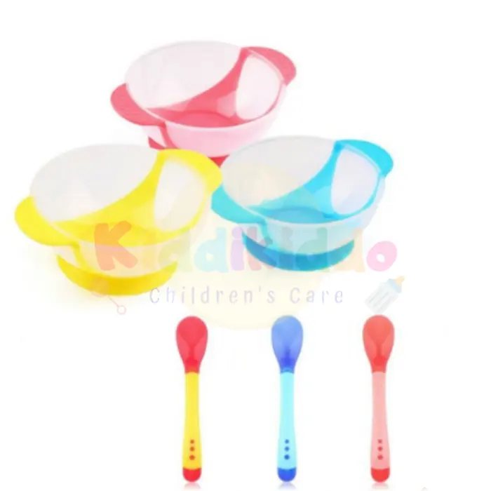 Kiddikiddo Set Mangkok Makanan Dengan Sendok Berubah Warna Putih Dan Bahan Plastik Untuk Anak-Anak