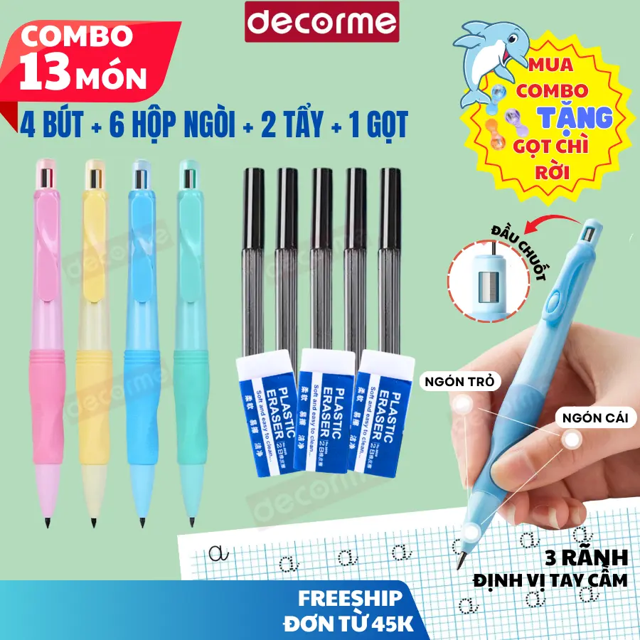 [Tặng quà] Combo bút chì bấm cá heo, tẩy cà rốt cho bé bút chì 2B tập viết DecorMe kèm chuốt tiện lợi, ngòi 2mm chống gãy, có đệm định vị tay cầm giúp bé tập viết đúng tư thế