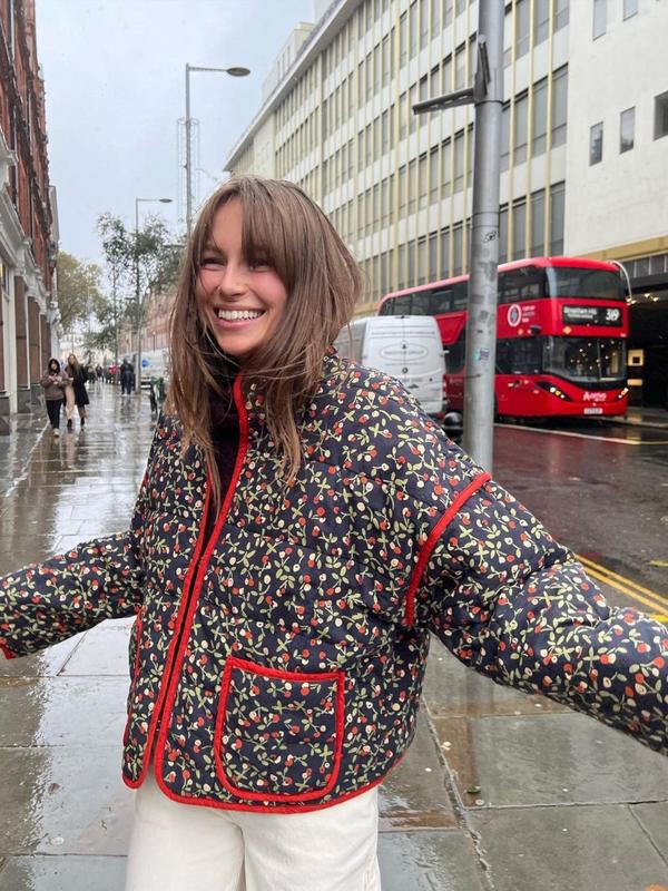 Women's All Over Print Pocket Drop Shoulder Quilted Jacket, Boho Long Sleeve Open Front Outerwear for Fall & Winter, Ladies Clothes for Daily Wear 2