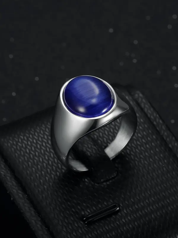 Simple Round Shaped Artificial Gemstone Decor Stainless Steel Ring, Punk Men's Stainless Steel Multi Size Ring, Party Accessories 4