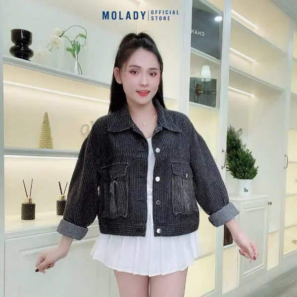 Áo Khoác Jean Nữ MOLADY K416 Chất Jean Thêu Dệt Túi Nắp Năng Động Top Jacket