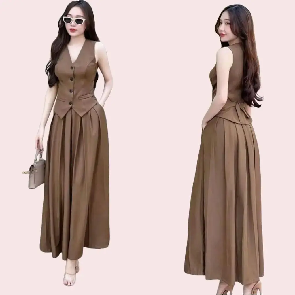 Set Váy thiết kế xếp ly  Dáng Dài Áo VEST  Sát Nách có túi, chân Váy Dài Xèo khóa dây kéo sau Nữ Women Top Kem vay sang