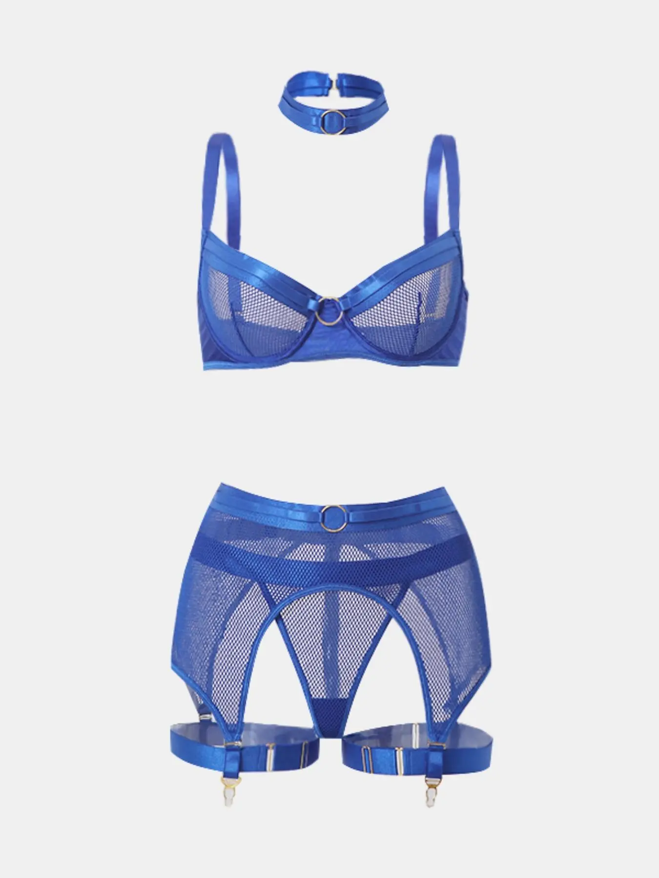 Women's Solid Hollow Out Sheer Tulle Lingerie Set, Adjustable Strap Bra & Thong & Garter Belt & Thigh Ring & Choker Set, Women's Lingerie & Underwear for All Seasons, Naughty Lingerie