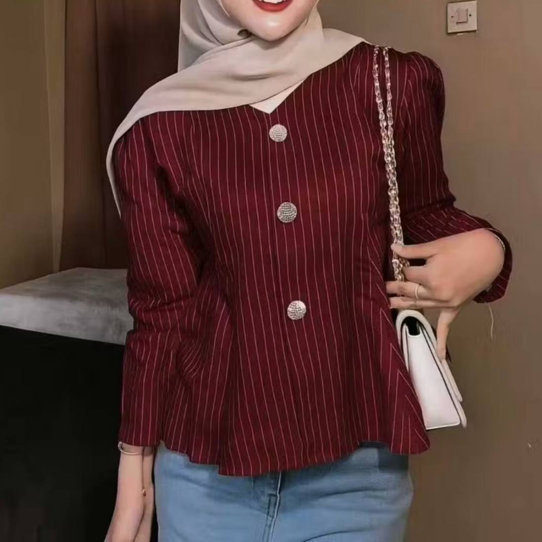 ALYA - Arika Blouse Stripe Atasan Peplum Wanita Salur Lengan Puff Fit Body Fitted - Blouse Atasan Wanita